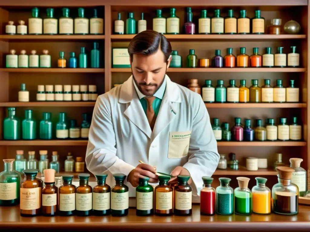 Un farmacéutico compone medicamentos personalizados en una escena vintage de una antigua botica, destacando la importancia de la farmacogenómica en la prescripción de medicamentos