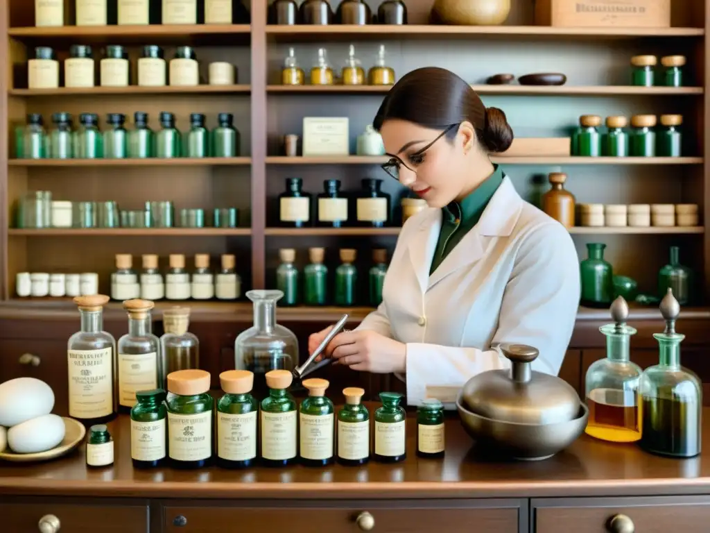 Un farmacéutico prepara medicamentos personalizados en una farmacia vintage, transmitiendo cuidado y atención en la prescripción de medicamentos