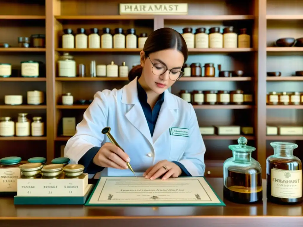 Un farmacéutico del pasado mide cuidadosamente una receta personalizada, rodeado de antiguos frascos de farmacia y utensilios médicos