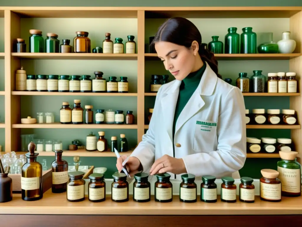 Un farmacéutico prepara medicación personalizada en un entorno vintage