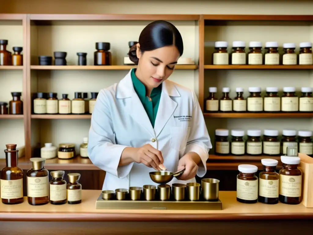 Un farmacéutico vintage compone una receta de medicamentos personalizada, mientras el paciente observa con confianza