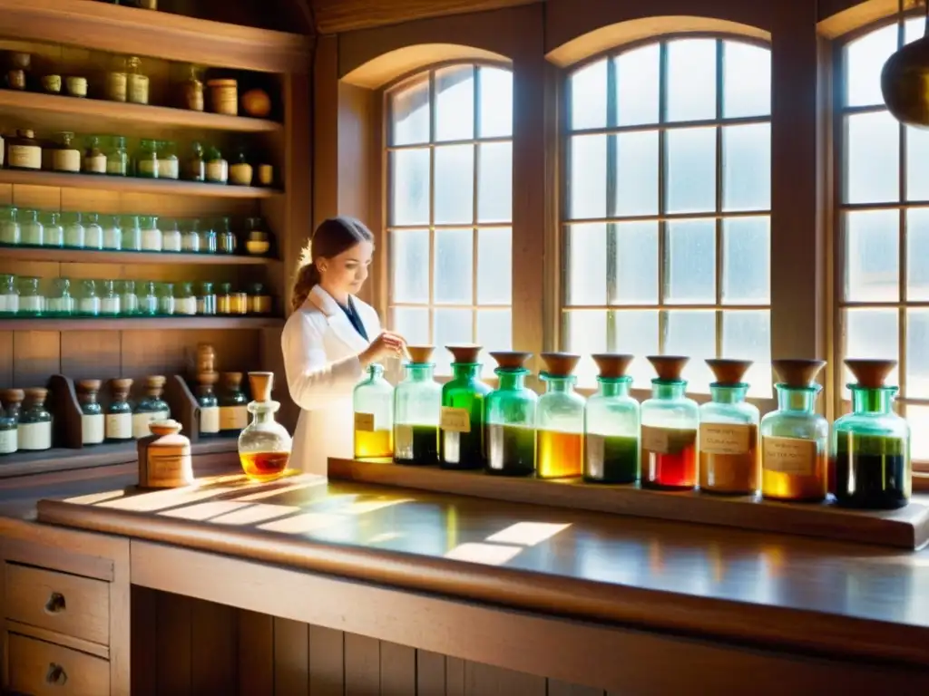 Farmacia antigua con botellas de colores, luz cálida, ingredientes naturales y un farmacéutico mezclando cuidadosamente