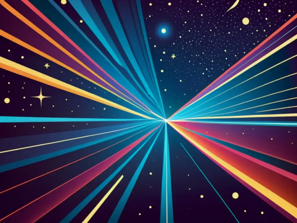 Explorando el cosmos: El impacto transformador de la tecnología láser Un fascinante dibujo vintage ilustra un rayo láser cortando la oscuridad del espacio, revelando constelaciones y cuerpos celestes