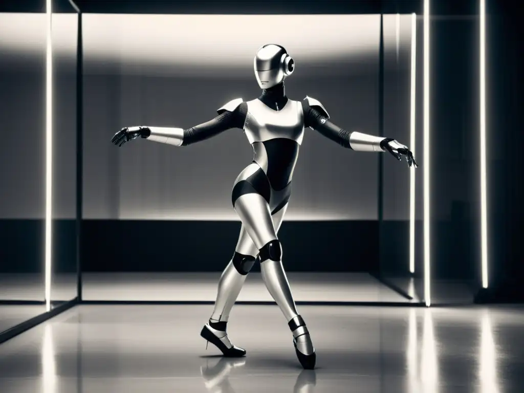 Una fascinante imagen en blanco y negro de un robot metálico en perfecta sincronía con una bailarina contemporánea en un estudio de danza vanguardista