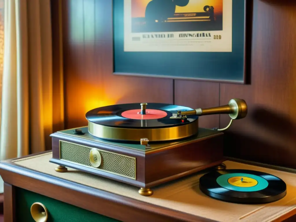 Un fonógrafo antiguo con un cuerno de latón, una caja de madera intricadamente tallada y un disco de vinilo girando en el tocadiscos