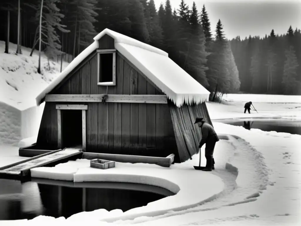 Foto en blanco y negro de una antigua casa de hielo con trabajadores almacenando bloques de hielo