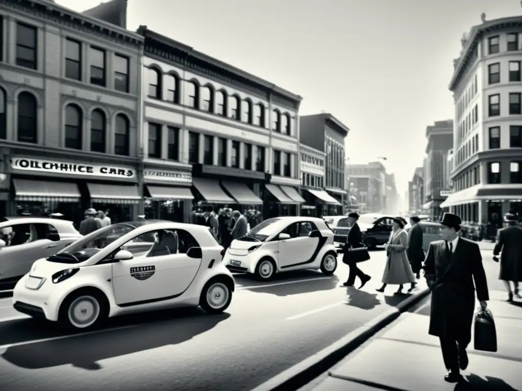 Foto en blanco y negro de una bulliciosa calle de la ciudad llena de coches eléctricos antiguos y estaciones de carga, mostrando la evolución de la historia de los vehículos eléctricos