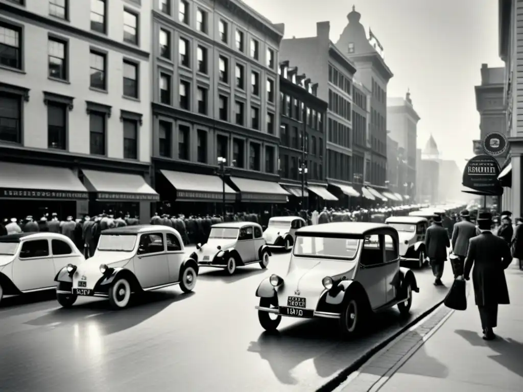 Foto en blanco y negro de una bulliciosa calle de la ciudad, mostrando la evolución histórica de vehículos eléctricos en la vida urbana