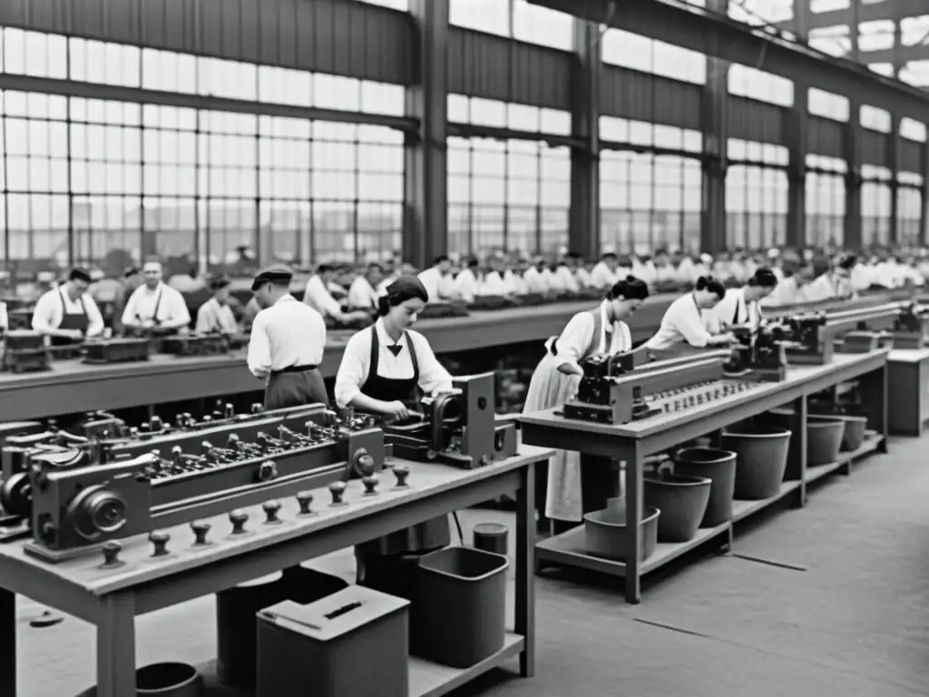 Foto en blanco y negro de una bulliciosa fábrica durante la revolución industrial, destacando la importancia de la estandarización en la producción