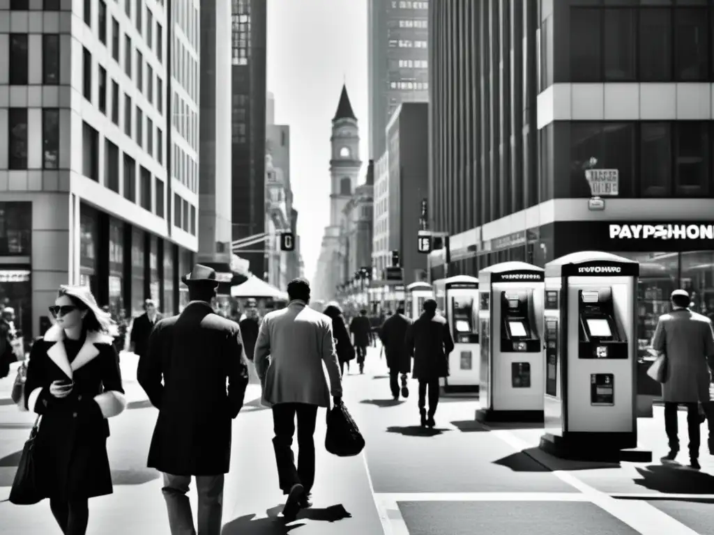 Foto en blanco y negro de una bulliciosa calle con teléfonos públicos contrastando con una moderna calle llena de personas usando smartphones