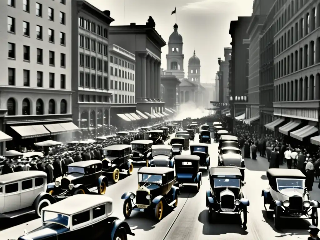 Una foto en blanco y negro de una bulliciosa calle de la ciudad llena de autos clásicos y carruajes de caballos, capturando la energía del transporte a principios del siglo XX