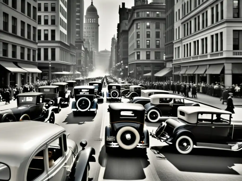 Una foto en blanco y negro de una bulliciosa calle de la ciudad en el siglo XX, con coches antiguos, bicicletas y peatones