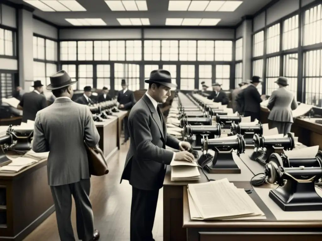 Foto en blanco y negro de una bulliciosa oficina de telégrafos vintage, con operadores trabajando en máquinas, cables y papeles