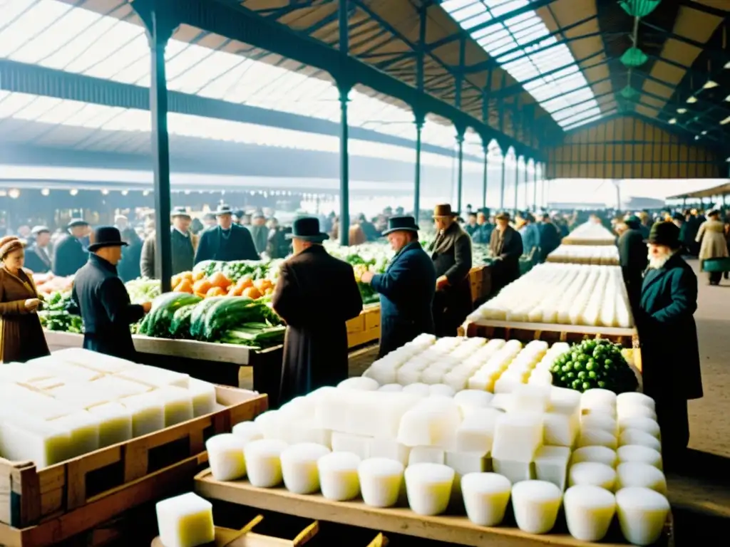 Foto en blanco y negro de un bullicioso mercado del siglo XX, resaltando la historia de la refrigeración de alimentos