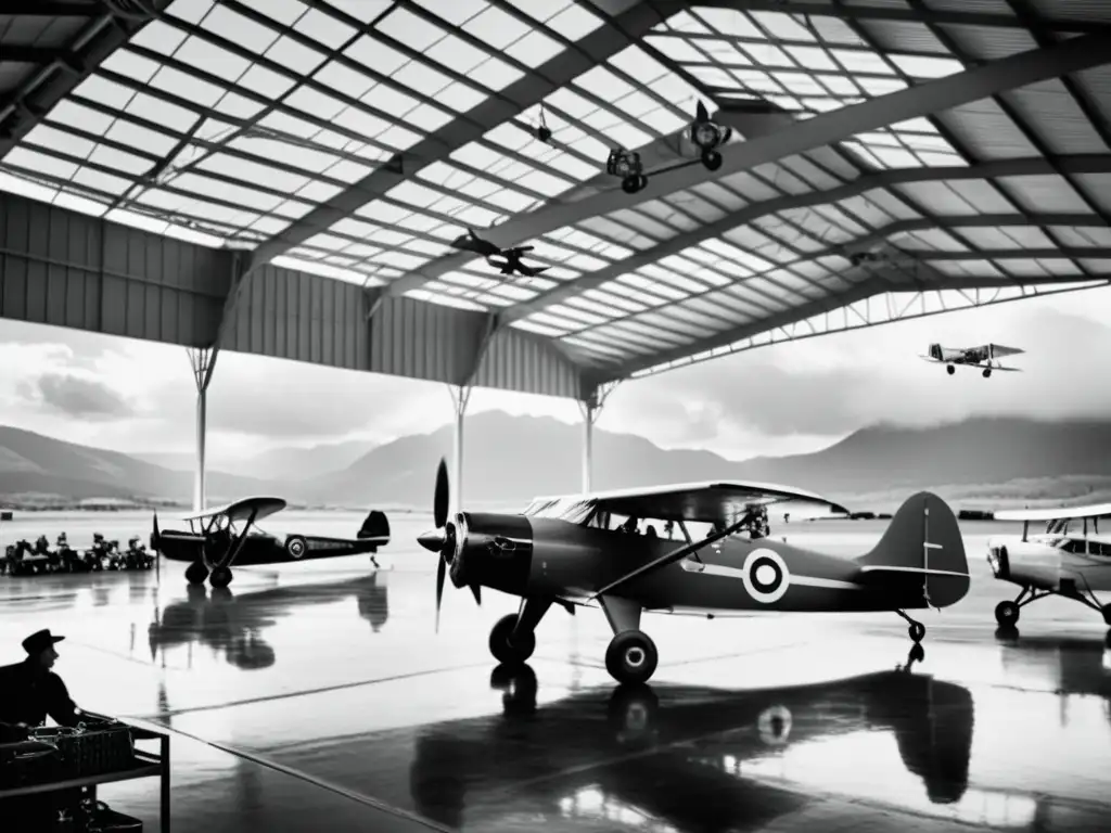 Foto en blanco y negro de un bullicioso hangar de aeropuerto con biplanos y mecánicos, capturando la emoción de la aviación temprana