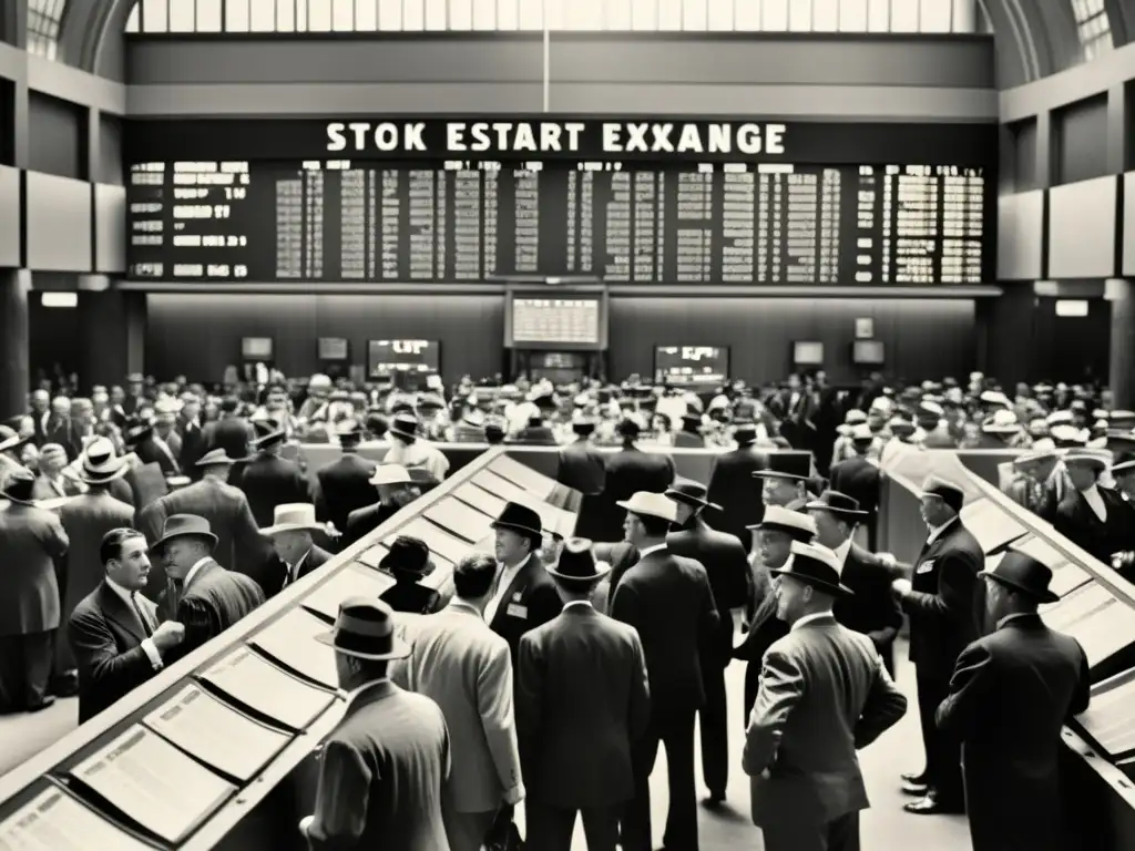 Foto en blanco y negro de una caótica bolsa de valores del siglo XX