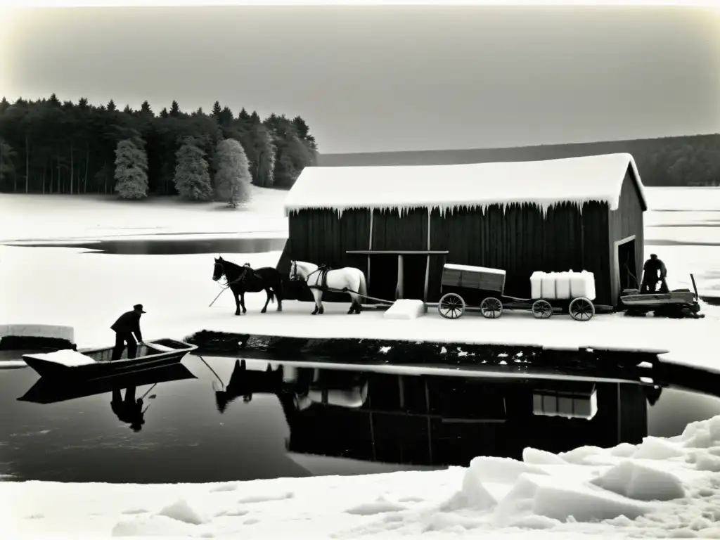 Foto en blanco y negro de una casa de hielo tradicional con trabajadores cosechando hielo en un paisaje nevado