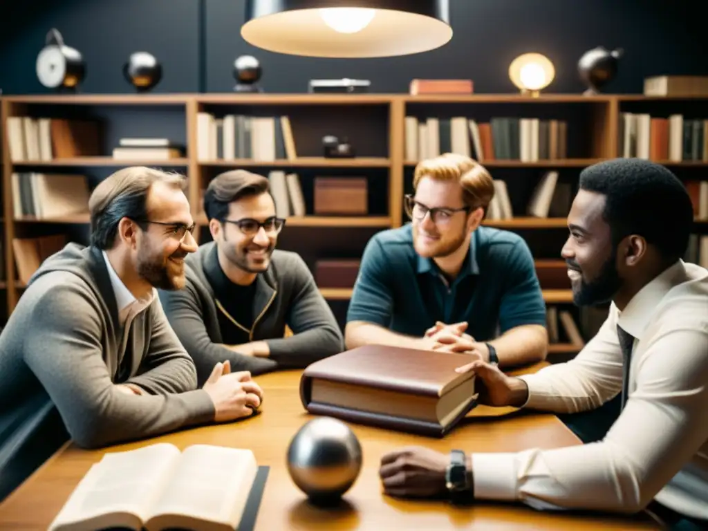 Reunión apasionada de emprendedores tech en ambiente vintage Foto en blanco y negro de emprendedores tecnológicos en una animada discusión en una acogedora habitación vintage
