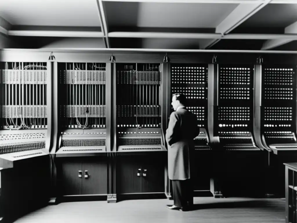 Foto en blanco y negro del ENIAC rodeado de ingenieros y programadores en la era del Modelo Von Neumann en la computación