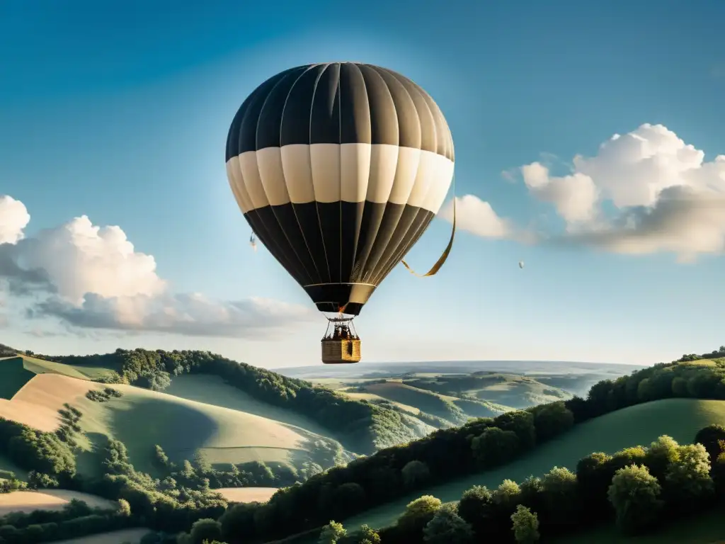 Una foto en blanco y negro de un globo aerostático sobrevolando majestuosamente un campo pintoresco, con un cielo azul y nubes esponjosas al fondo