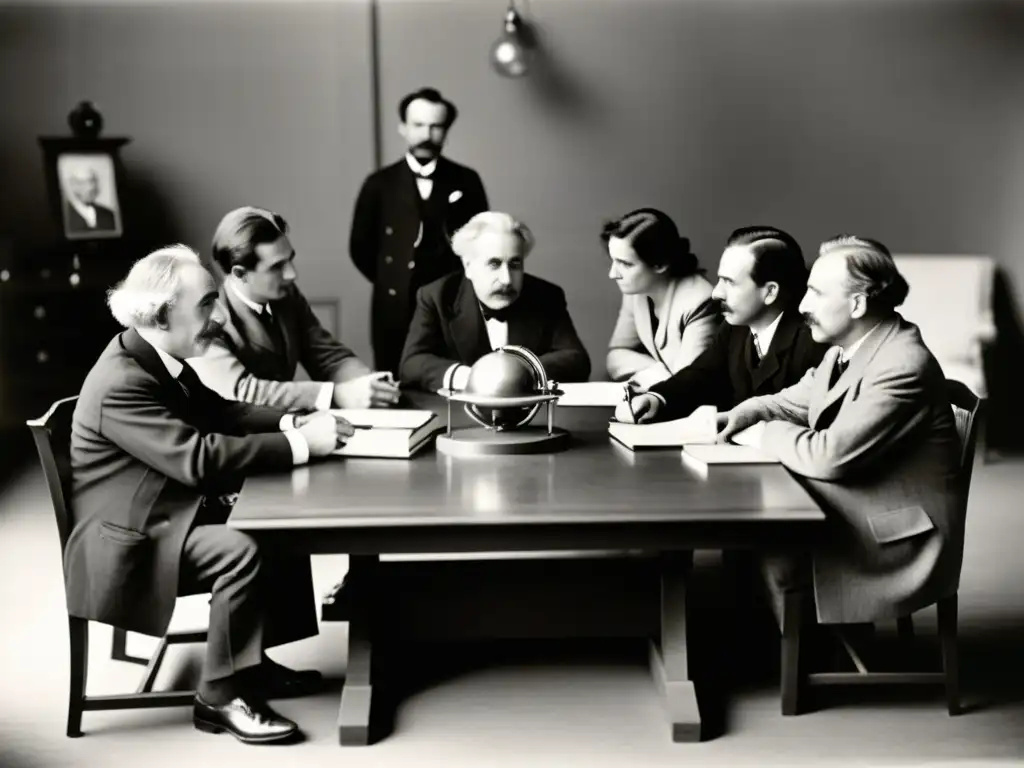 Foto en blanco y negro de la histórica Conferencia Solvay de 1927 con Einstein, Bohr y Curie discutiendo