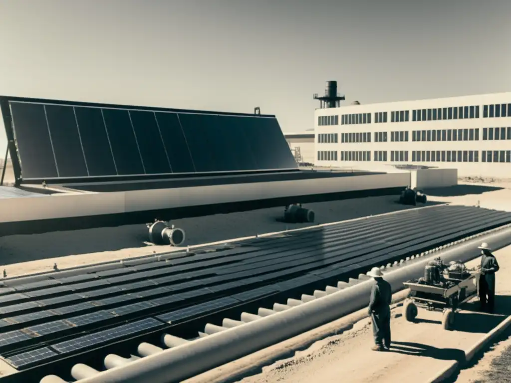 Foto en blanco y negro de planta desalinizadora solar histórica, con trabajadores atendiendo maquinaria