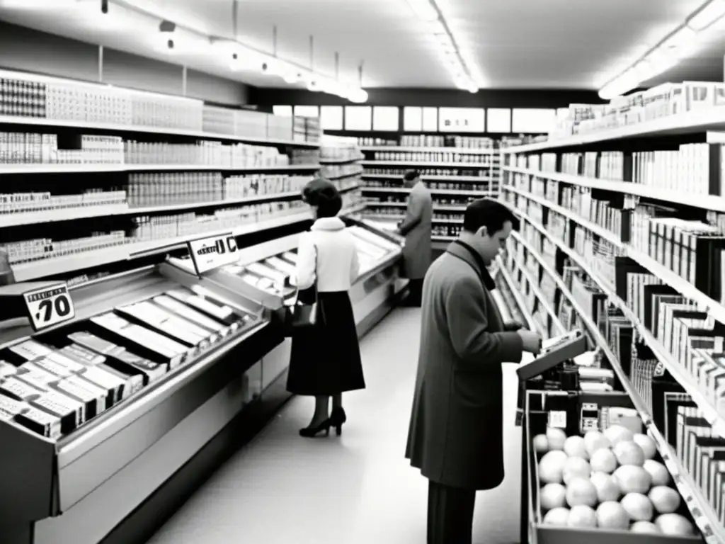 Foto en blanco y negro de una tienda de comestibles de los años 60 con clientes escaneando códigos de barras