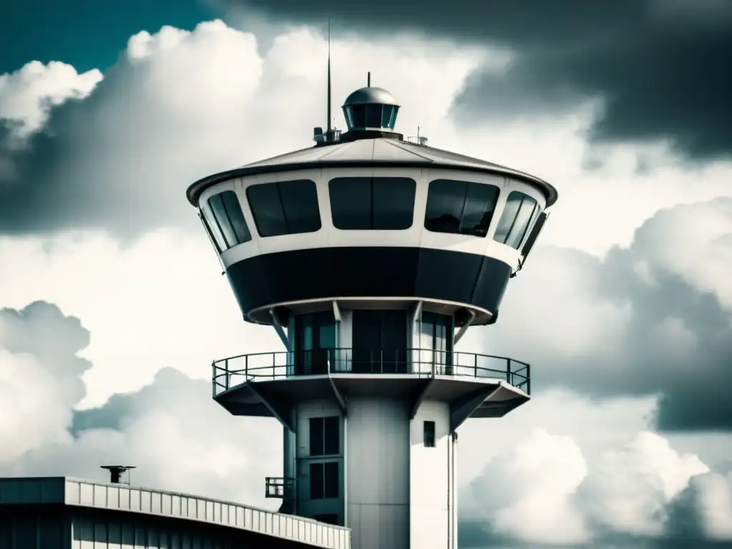 Una foto en blanco y negro de una torre de control en un aeropuerto, con un radar girando en el techo contra un cielo nublado