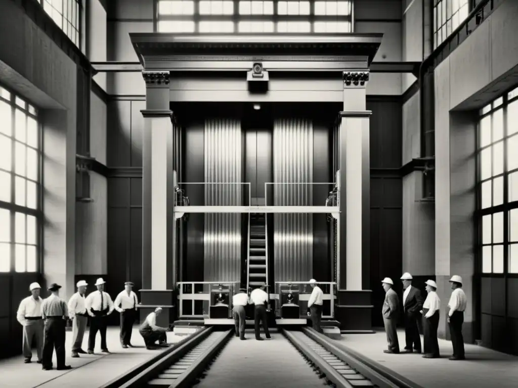 Foto en blanco y negro de trabajadores ensamblando un antiguo ascensor