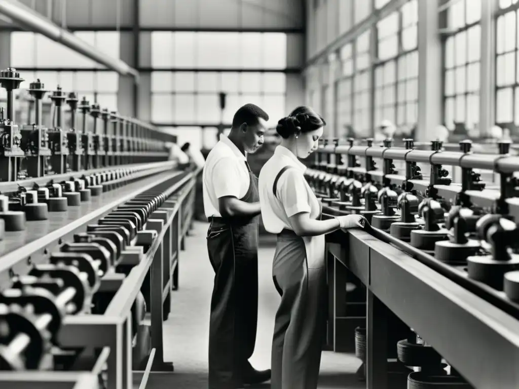 Foto en blanco y negro de trabajadores en fábrica, con maquinaria detallada y producción en cadena influencia global