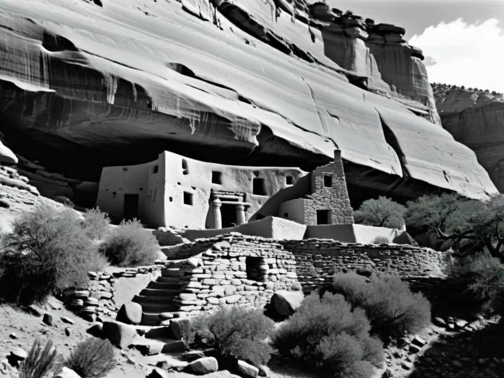 Foto en blanco y negro de una vivienda en acantilado construida con técnicas constructivas de arquitectura indígena Anasazi