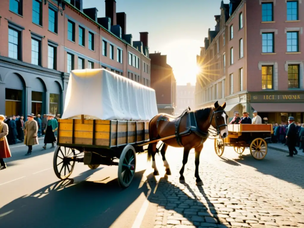 Foto sepia de un gran bloque de hielo transportado en un carro de caballos por una bulliciosa calle de la ciudad