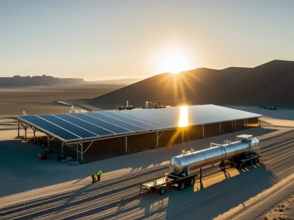 Foto histórica en blanco y negro de una planta de desalinización solar en el desierto al atardecer, con trabajadores y maquinaria antigua