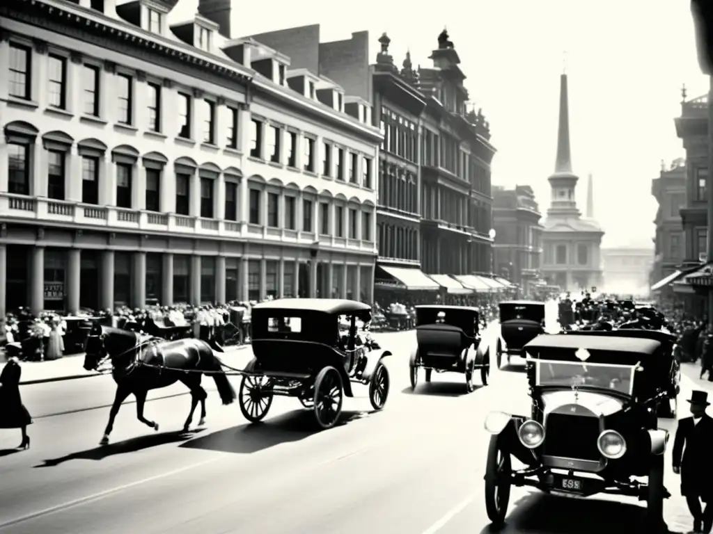 Foto histórica: bulliciosa calle con vehículos antiguos y edificios ornamentados