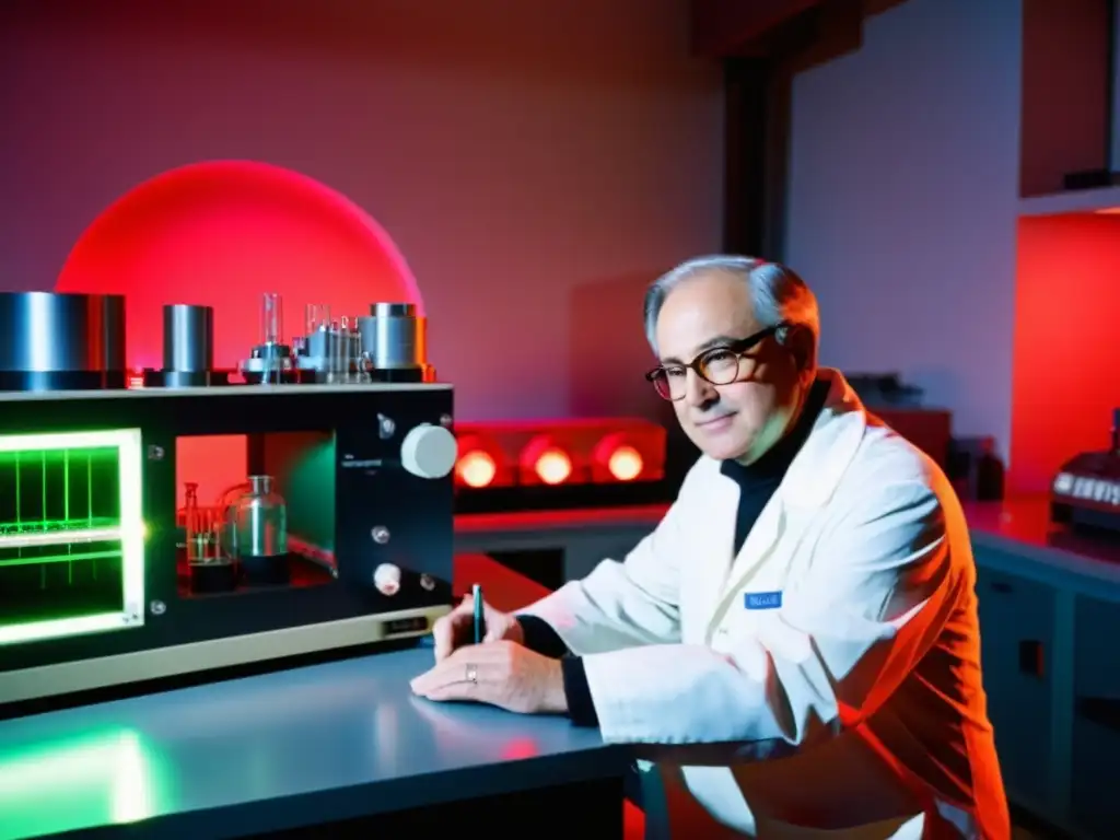 El nacimiento del láser: Theodore Maiman en su laboratorio Foto de Theodore Maiman en su laboratorio, ajustando el equipo para crear el primer láser en 1960, evocando la historia del desarrollo del láser
