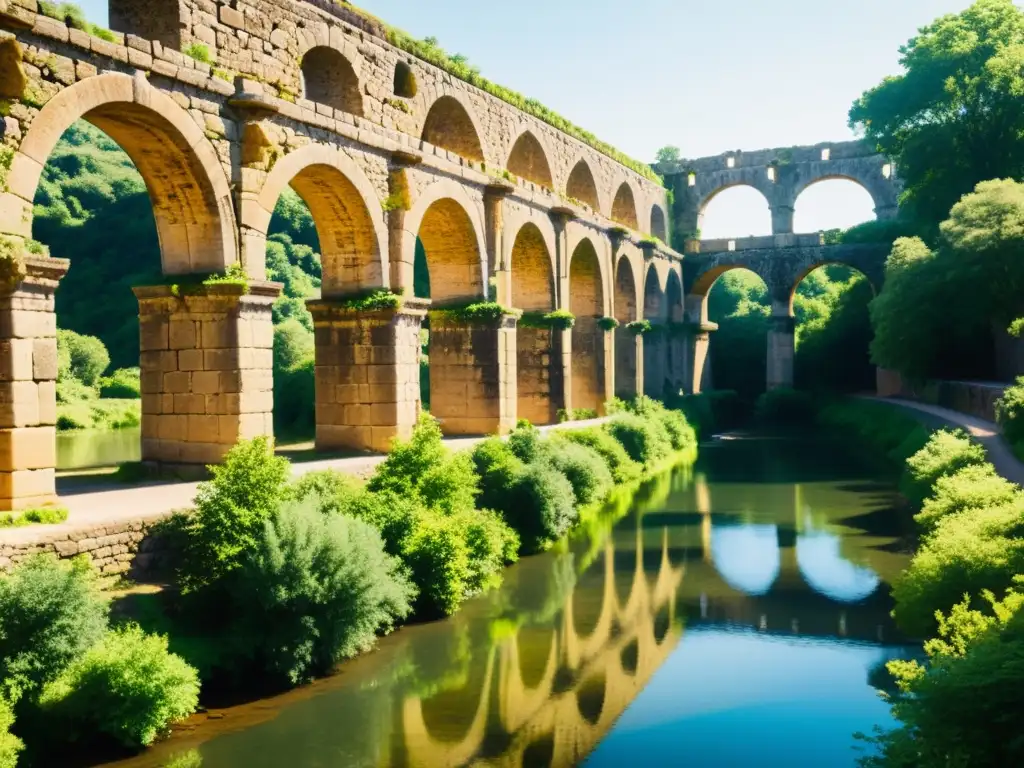 Foto vintage de un antiguo acueducto, integrando la ingeniería hidráulica con la naturaleza, evocando sostenibilidad moderna