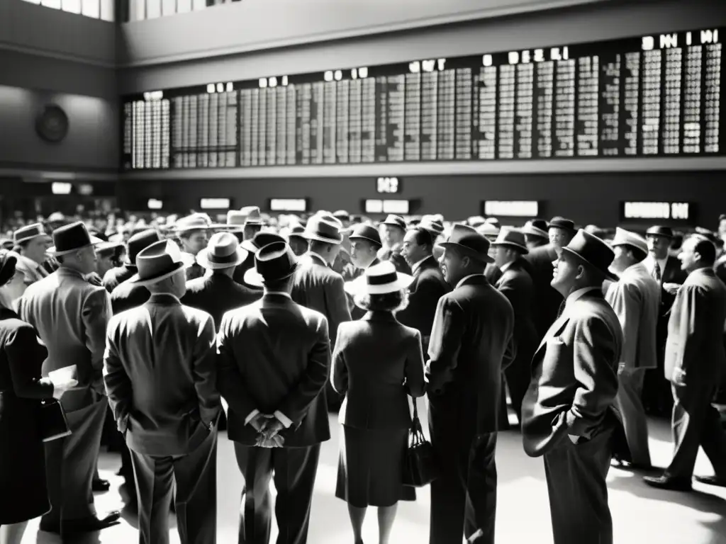 Foto vintage en blanco y negro de una bulliciosa bolsa de valores en los años 30