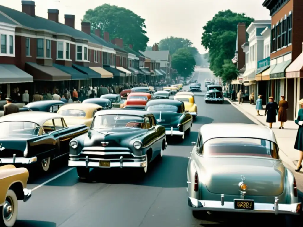 Foto vintage en blanco y negro de una bulliciosa calle suburbana en los años 50, mostrando el impacto del automóvil en la autonomía personal