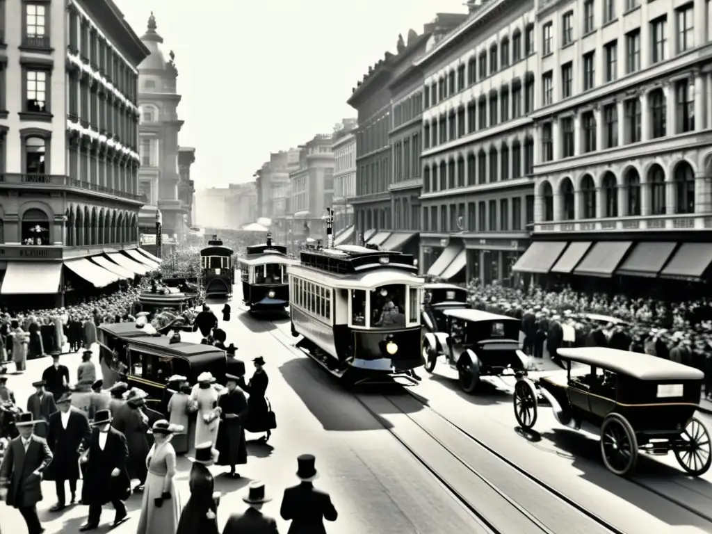 Una foto vintage en blanco y negro de una bulliciosa calle urbana llena de peatones, coches de caballos y tranvías eléctricos tempranos