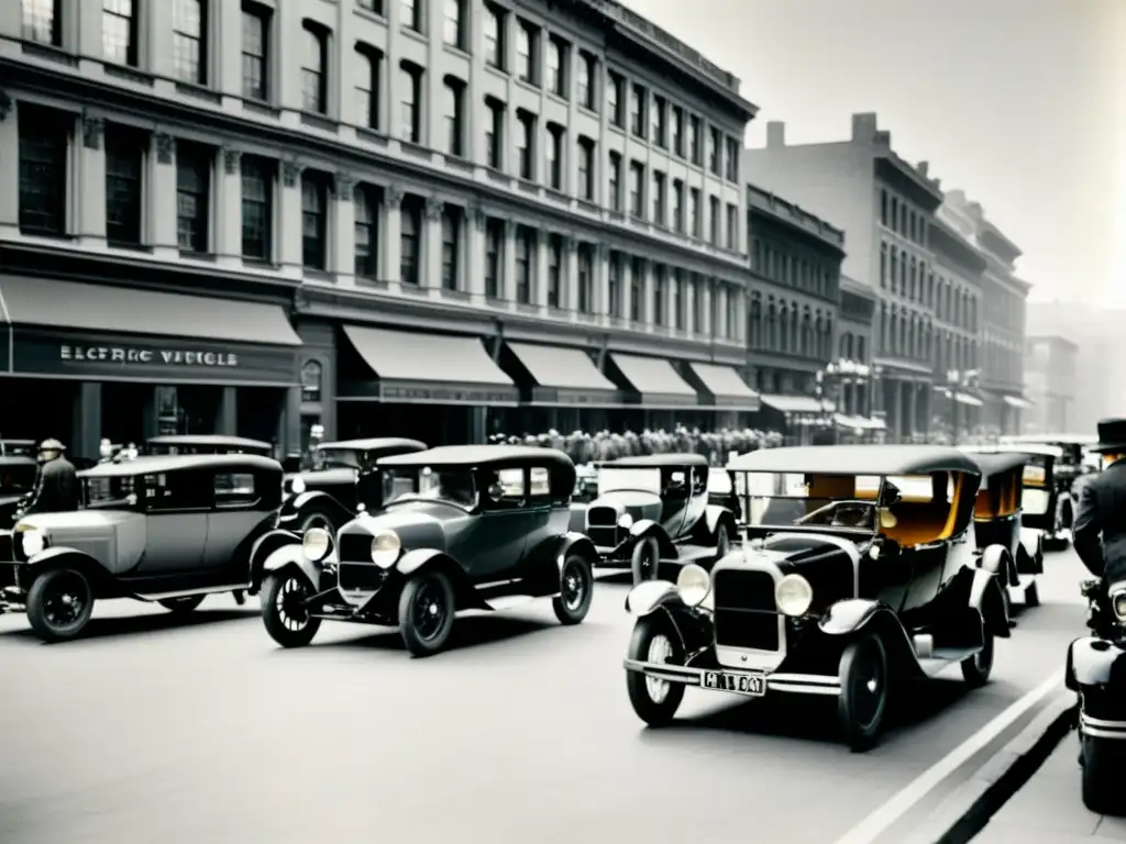 Foto vintage en blanco y negro de una bulliciosa calle de la ciudad llena de vehículos eléctricos clásicos del siglo XX