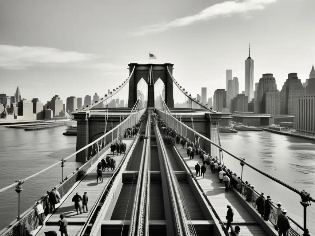 Foto vintage en blanco y negro de la construcción del Puente de Brooklyn, con la red de cables y las imponentes estructuras de apoyo