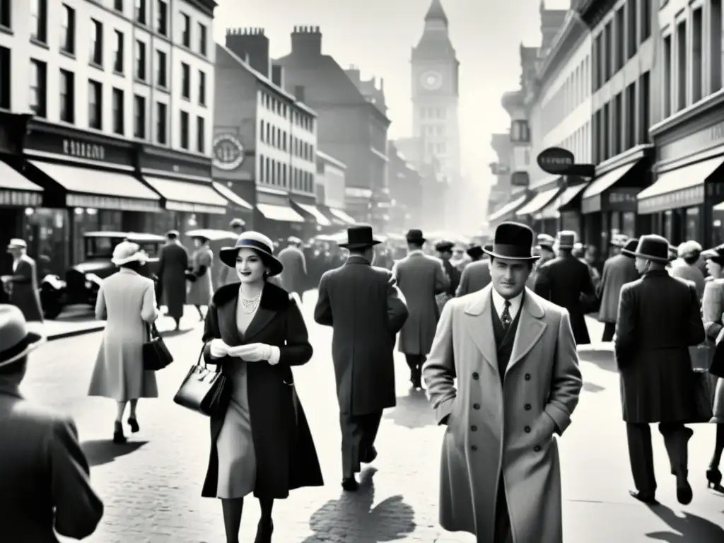 Una foto vintage en blanco y negro de una bulliciosa calle de la ciudad, donde la gente usa métodos tempranos de pago sin contacto, como los relojes de bolsillo y sistemas de pago electrónicos