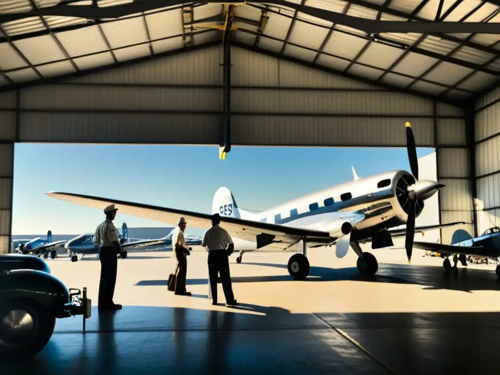 Foto vintage en blanco y negro de un bullicioso hangar de aeropuerto, con aviones clásicos y trabajadores uniformados cargando mercancía