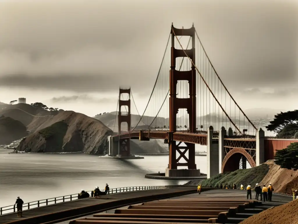 Foto vintage de la construcción del puente Golden Gate en San Francisco, con estructura de acero ante la neblina y el horizonte urbano al fondo