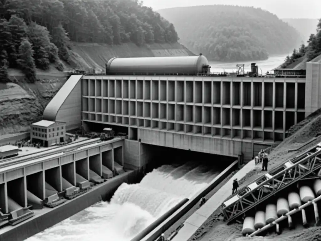 Foto vintage de la construcción de una planta hidroeléctrica histórica