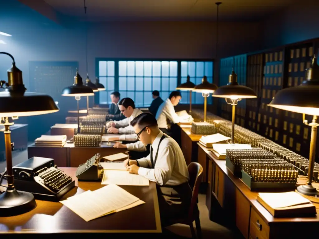 Foto vintage de criptógrafos trabajando en una habitación tenue, rodeados de equipos criptográficos antiguos y mensajes encriptados