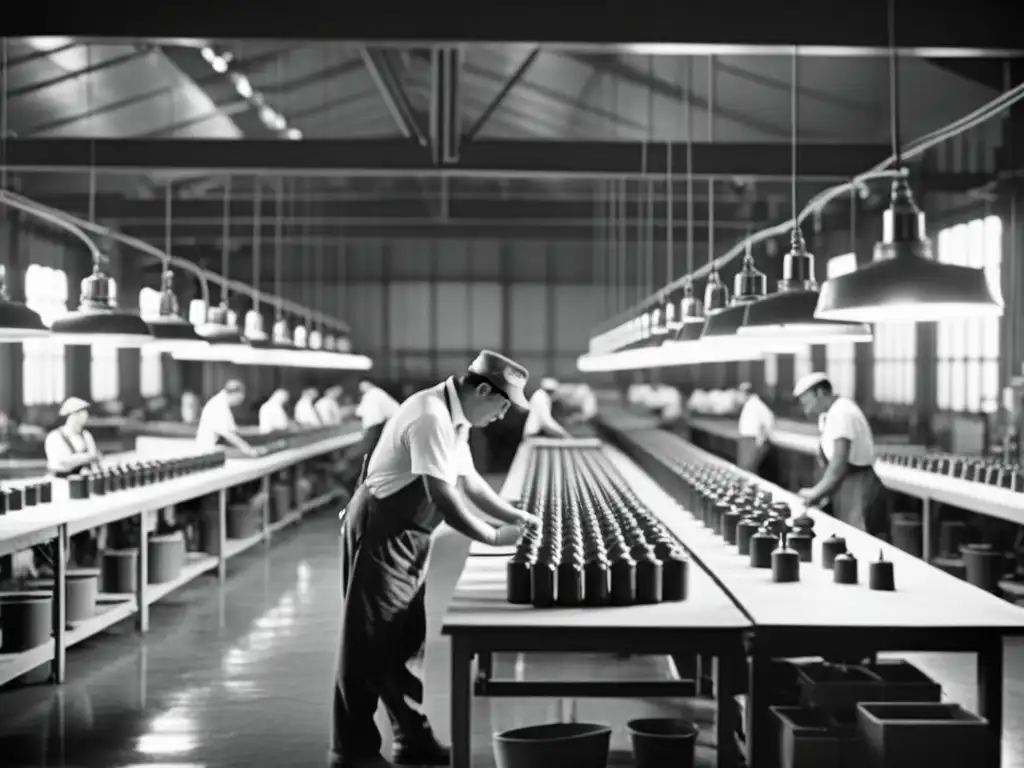 Foto vintage de fábrica del siglo XX con trabajadores ensamblando eficientes lámparas LED, capturando la historia de iluminación eficiente