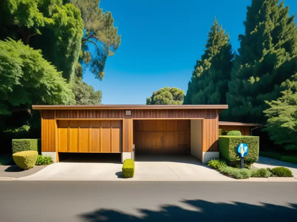 Una foto vintage del icónico garaje de Hewlett Packard en Silicon Valley, rodeado de exuberante vegetación bajo un cielo azul