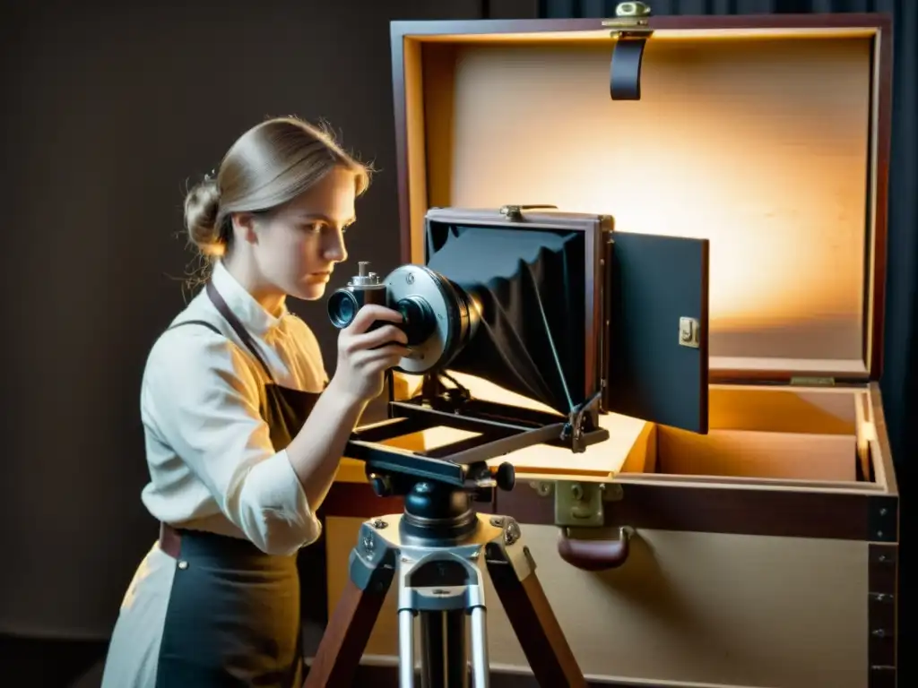 Un fotógrafo del siglo XIX ajusta una cámara de madera en un estudio antiguo, evocando la evolución de la cámara fotográfica