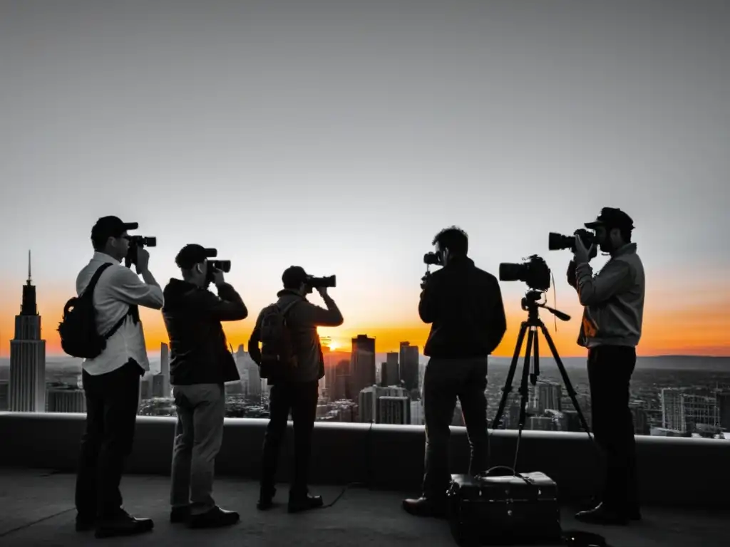 Fotógrafos capturando un atardecer urbano con cámaras vintage